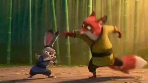 AI Video from prompt: cute pixar style rabbit doing kungfu against a f