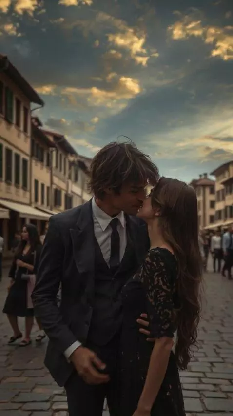 AI Video from prompt: A man and a woman laugh, kiss, and walk away. **