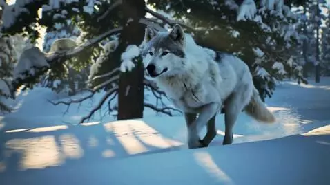 AI Video from prompt: A cute wolf runs around in the snow, huge trees 