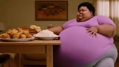 AI Video from prompt: a hugely fat woman eats and grows fatter