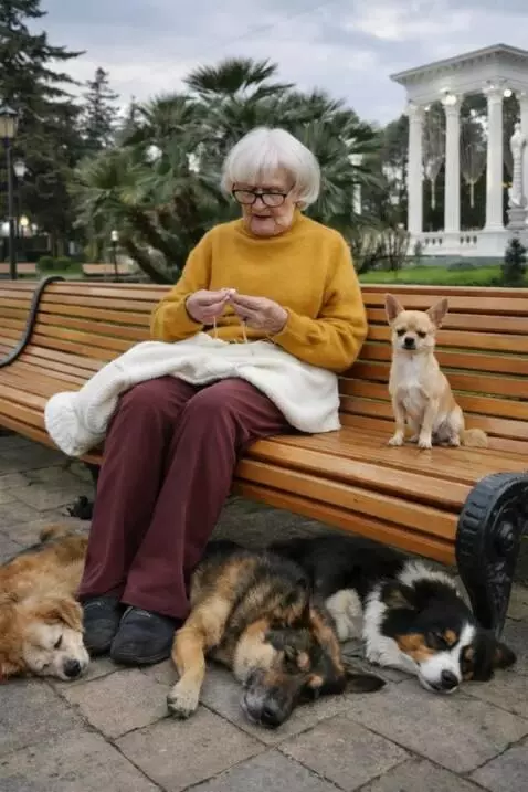 AI Video from prompt: Grandma is knitting. The dogs are sleeping.