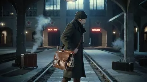 AI Video from prompt: Draw a mysterious man in the dark at a Soviet tr