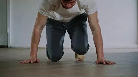 AI Video from prompt: gets on his knees, hands on the floor, starts mo