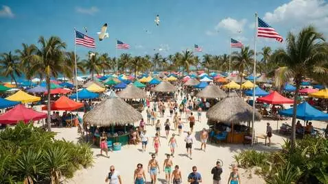 AI Video from prompt: people walking around on the sand.  Seagulls and