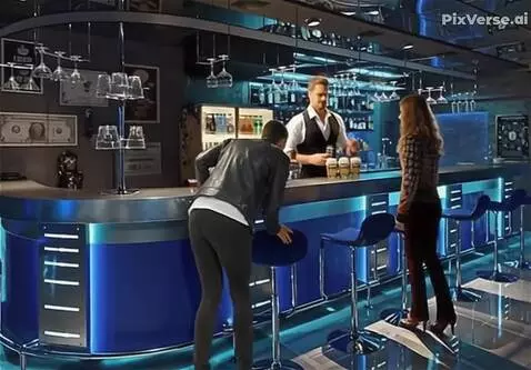 AI Video from prompt: the girl  sits down on a bar stool