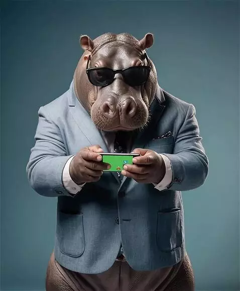 AI Video from prompt: The hippopotamus in the image is holding a mobil