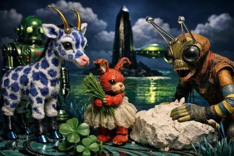 AI Video from prompt: The rabbit steps closer to the giraffe as the gi