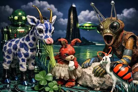 AI Video from prompt: The rabbit steps closer to the giraffe as the gi