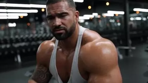 AI Video from prompt: make a video about a bodybuilder getting tired o