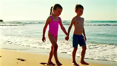 AI Video from prompt: girl and boy hand on hand ant beach in swimwear