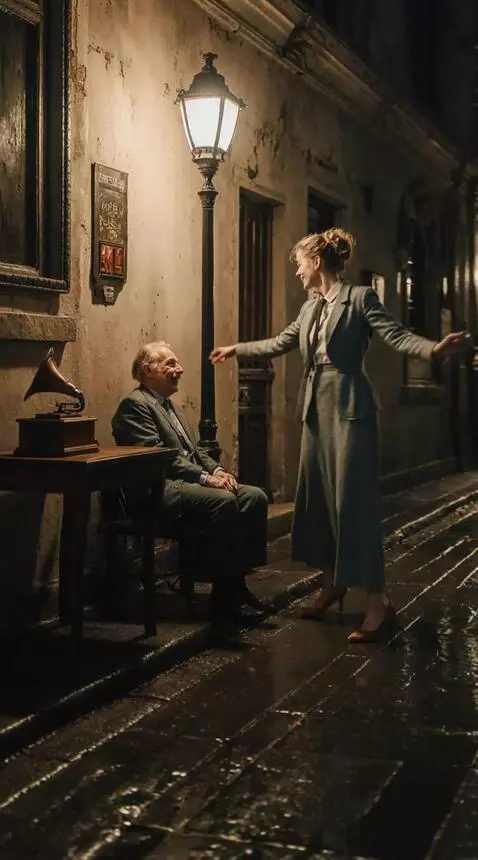 AI Video from prompt: A disheveled man approaches a woman and they dan