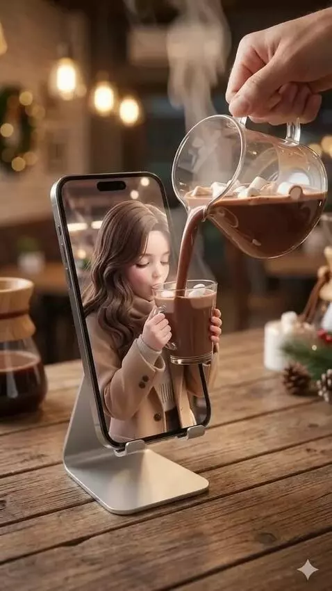 AI Video from prompt: The Girl is poured coffee, she drinks it and smi