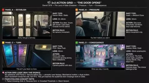 AI Video from prompt: Cinematic POV shot from inside a bus, doors open