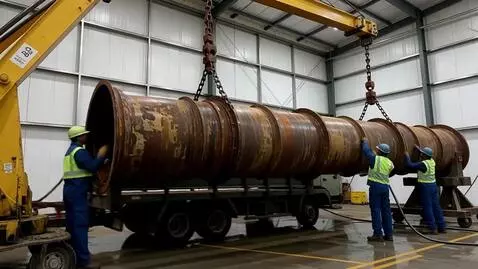 AI Video from prompt: A low-bed trailer delivers a rusty, dirty pipe, 