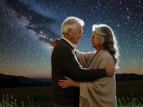 AI Video from prompt: An older couple lovingly embraces under the star