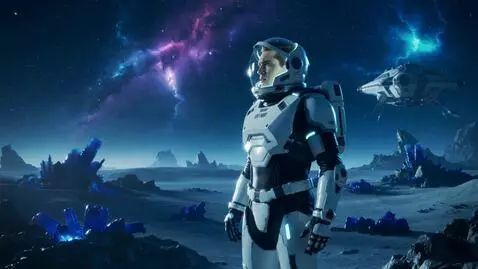 AI Video from prompt: A bold space adventurer man in a sleek, high-tec