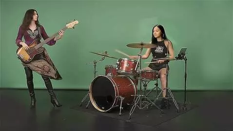 AI Video from prompt: drummer and bass player play the song, fixed cam