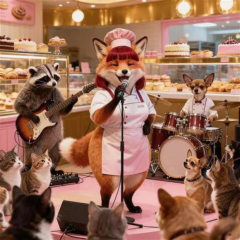 AI Video from prompt: the fox is singing. Listeners cats and dogs nod 