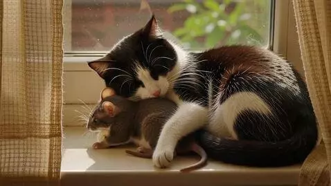 AI Video from prompt: A black and white cat and a grey mouse sleep swe