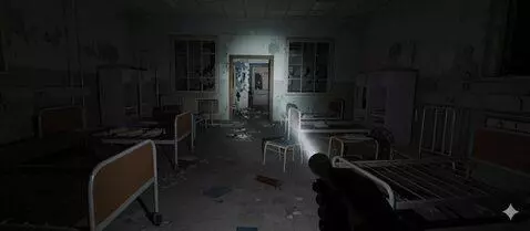 AI Video from prompt: Night. I, in a first-person view, with a flashli