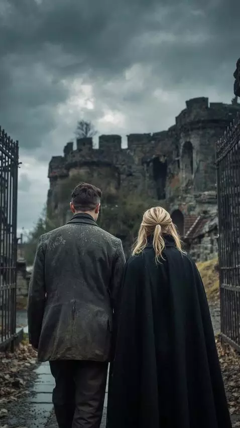 AI Video from prompt: A man and a woman walk towards the ruins of a ca