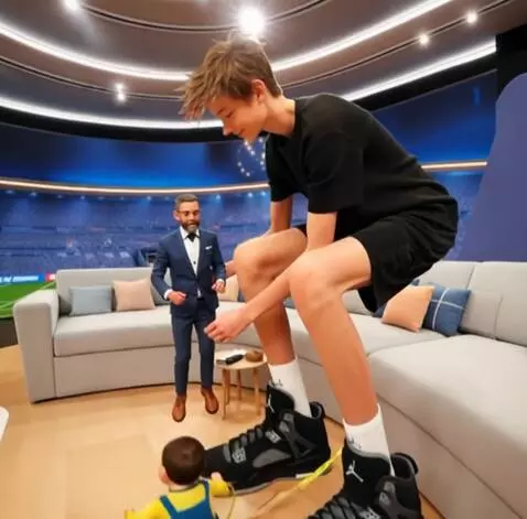 AI Video from prompt: A tall boy takes a small man in a suit standing 