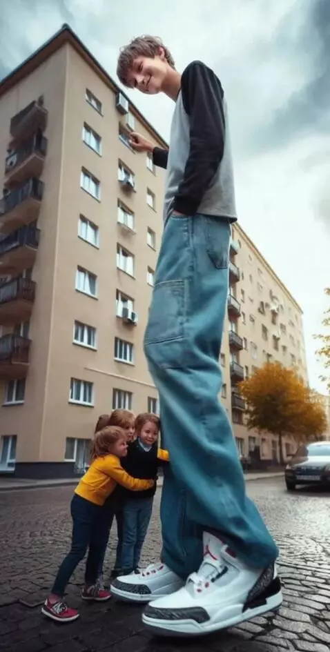 AI Video from prompt: A tall boy slowly walks away with his small clas