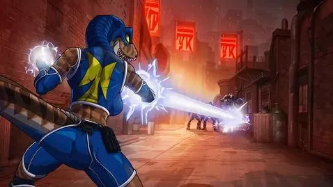 AI Video from prompt: Female Velociraptor powers up then blast strike 