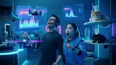 AI Video from prompt: Futuristic office with glowing holograms, floati