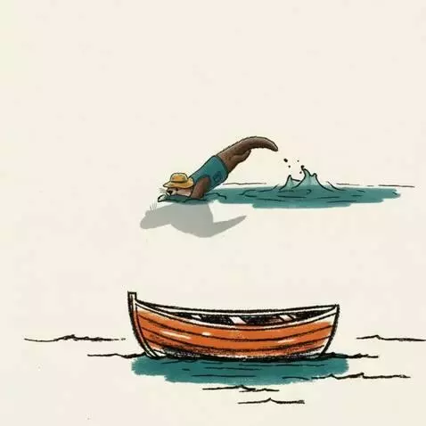 AI Video from prompt: Otter sees empty boat, ducks under the water to 