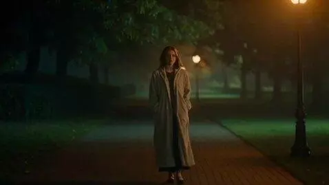 AI Video from prompt: night, park, park path, walk on it, a girl, shor