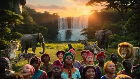 AI Video from prompt: A large african choir gather against a spectacul