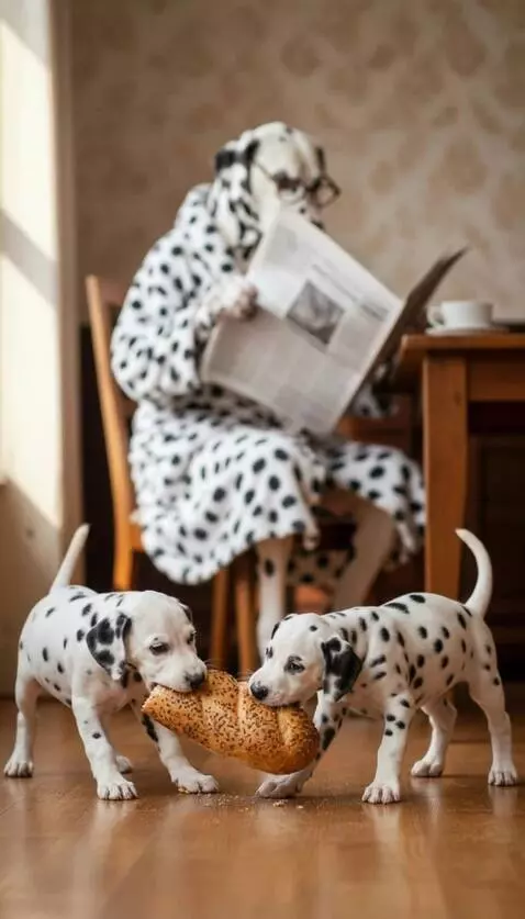 AI Video from prompt: The Dalmatian puppies are trying to take the bun