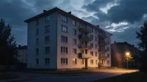 AI Video from prompt: Shooting clouds hanging over houses, bad weather