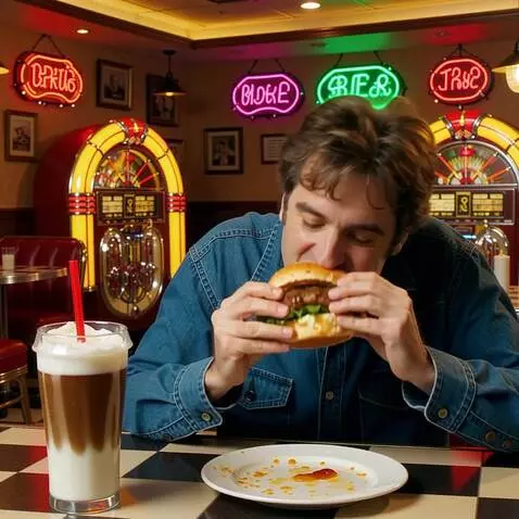 AI Video from prompt: A skinny man enjoys a burger and a milkshake