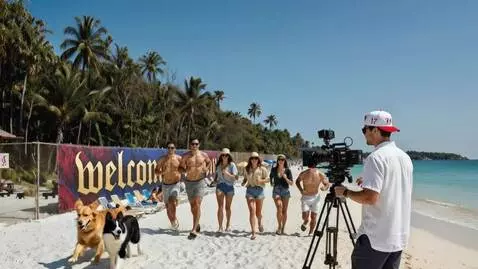 AI Video from prompt: 6 people jogging on the beach. Golden Retriever 