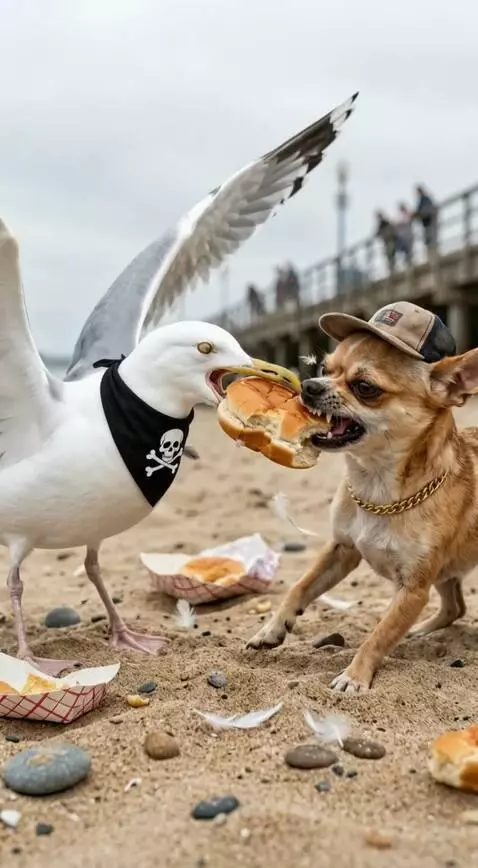 AI Video from prompt: The chihuahua and a seagull are trying to take t