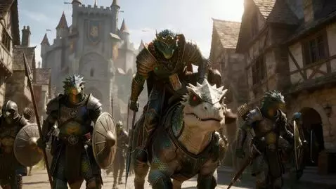 AI Video from prompt: Everyone stops. The reptilian rider in the crown