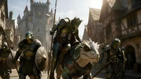 AI Video from prompt: Everyone freezes. The reptile rider in the crown