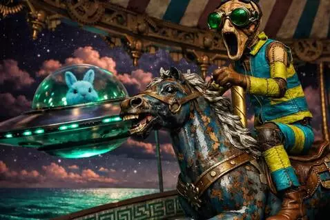 AI Video from prompt: The carousel horse gallops in place, swinging it