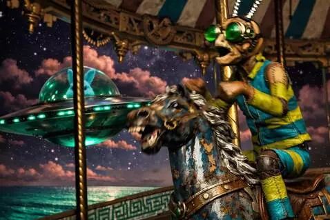 AI Video from prompt: The carousel horse gallops in place, swinging it