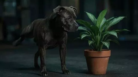 AI Video from prompt: A dog lifts its hind leg and pees on a flower po