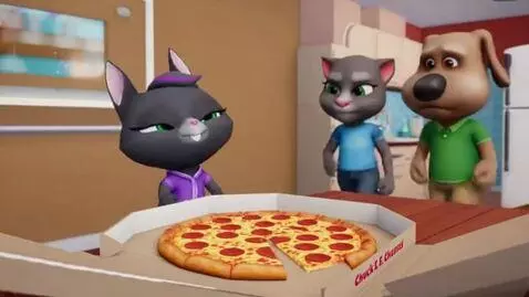 AI Video from prompt: Talking Becca and chuck e cheese pizza eating ge