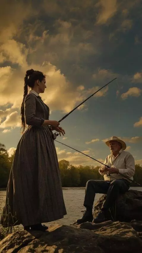 AI Video from prompt: A woman and a man are fishing in a river. **The 