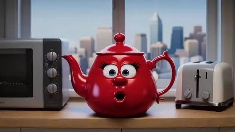 AI Video from prompt: A red teapot with a smiling face sits on the kit