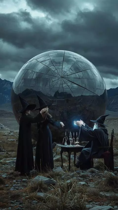 AI Video from prompt: Witches and a magician cast spells. **The camera