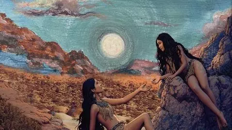 AI Video from prompt: 2 indian girls sit on rocks at sunset, a full mo