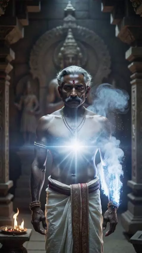 AI Video from prompt: Divine transformation scene inside ancient Shiva