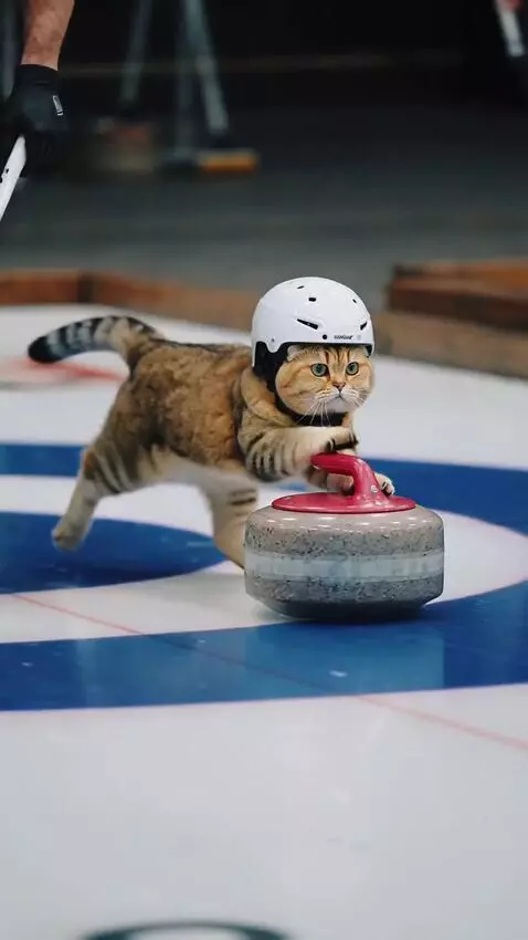 AI Video from prompt: curling championship. The cat wearing a helmet l
