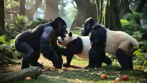 AI Video from prompt: Two gorilla fights over food while pandas parts 